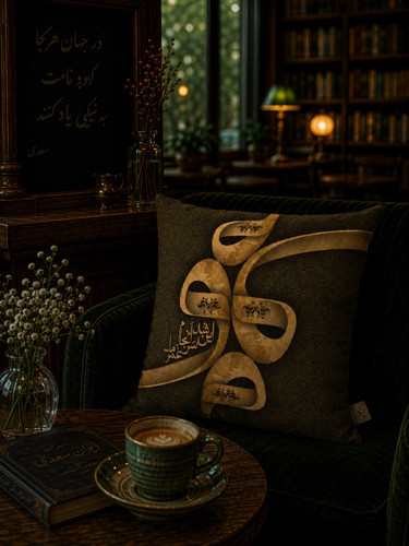 کاورکوسن مخمل لمینت دار با زیپ مخفی ایران خاتون طرح خطاطی کد ۱۴