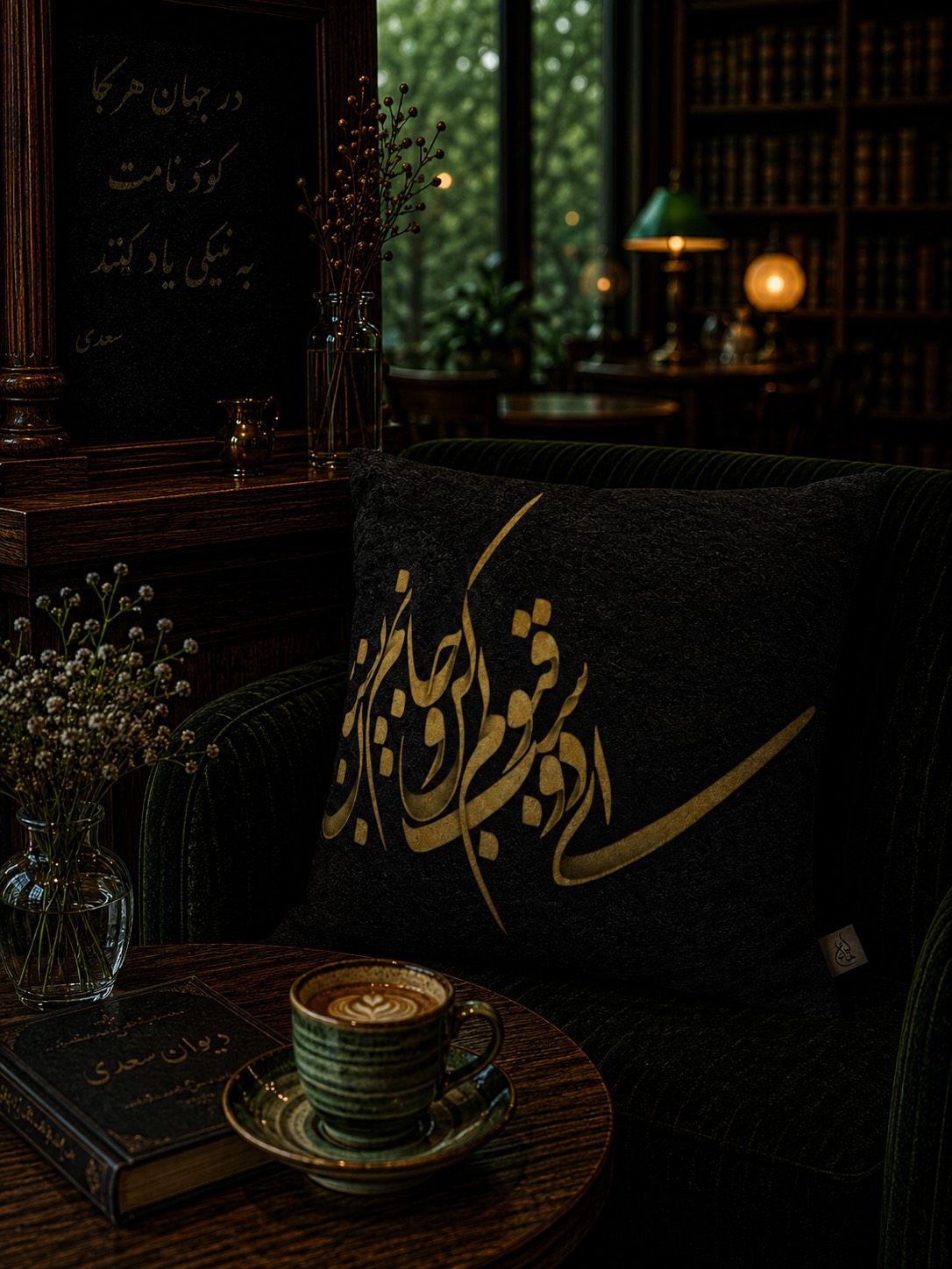 کاورکوسن مخمل لمینت دار با زیپ مخفی ایران خاتون طرح خطاطی کد ۱۷