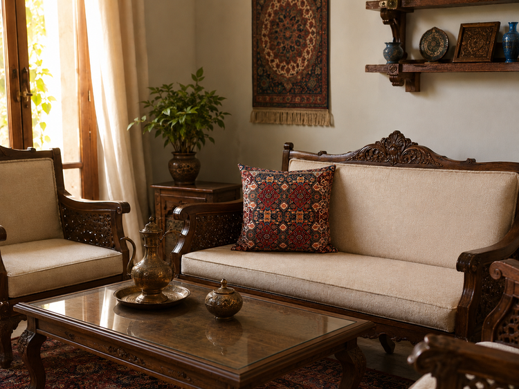 کاورکوسن مخمل لمینت دار با زیپ مخفی ایران خاتون طرح سنتی کد ۱۷