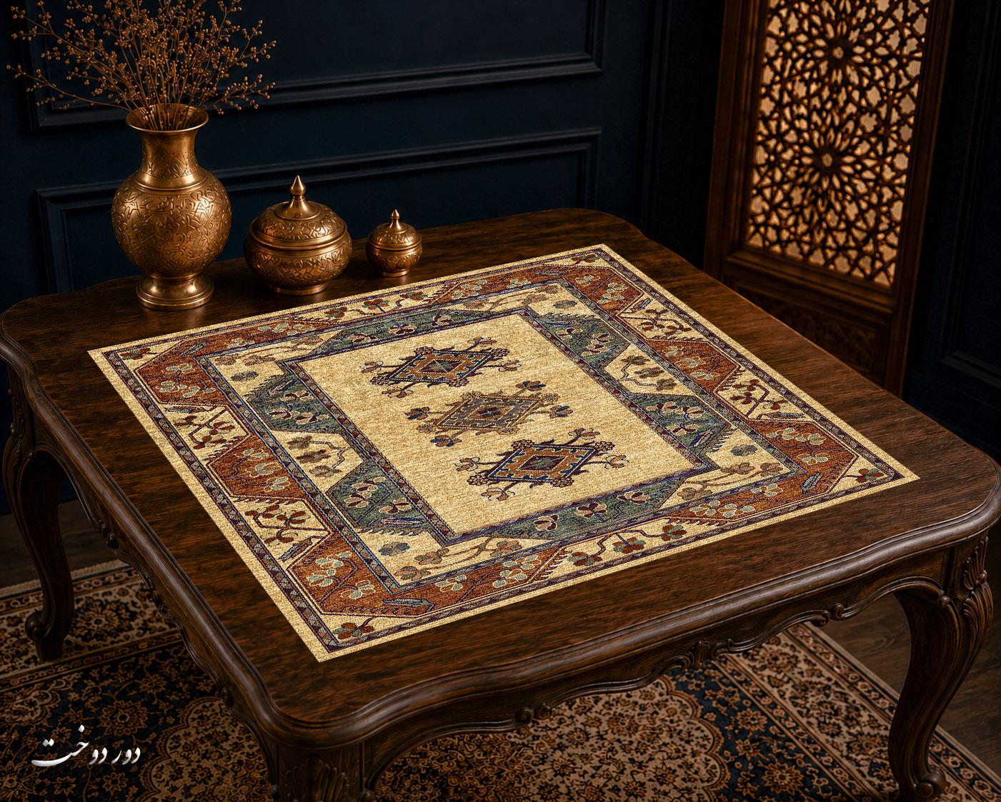 رومیزی مخمل لمینت دار ایران خاتون طرح سنتی کد 83