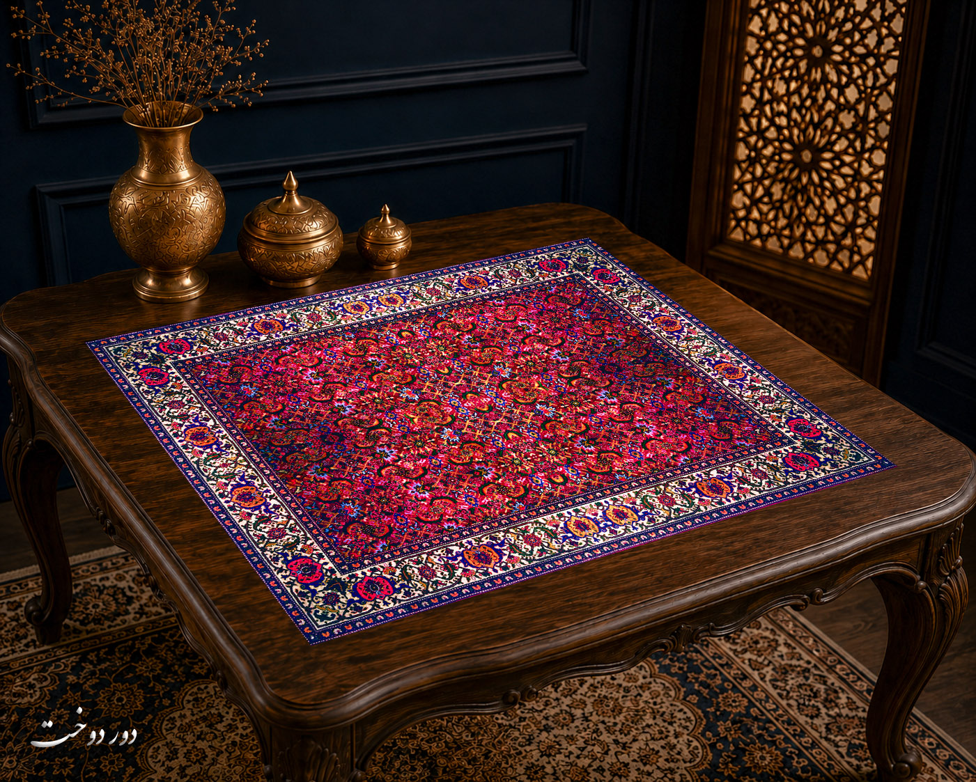 رومیزی مخمل لمینت دار ایران خاتون طرح سنتی کد 90