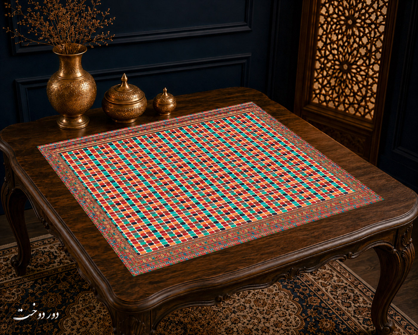 رومیزی مخمل لمینت دار ایران خاتون طرح سنتی کد ۵۵