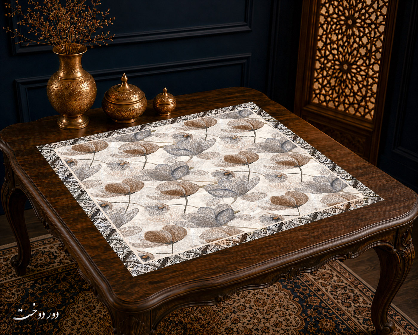 رومیزی مخمل لمینت دار ایران خاتون طرح سنتی کد ۳۵