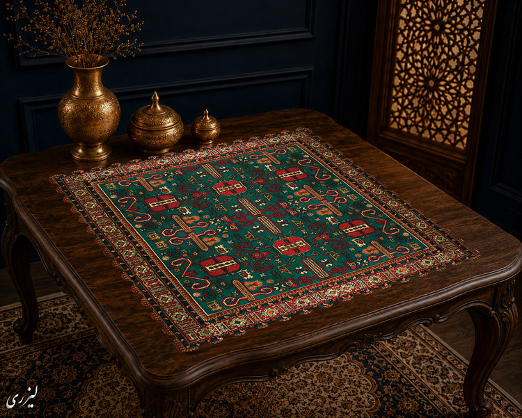 رومیزی مخمل لمینت دار ایران خاتون طرح سنتی کد ۹