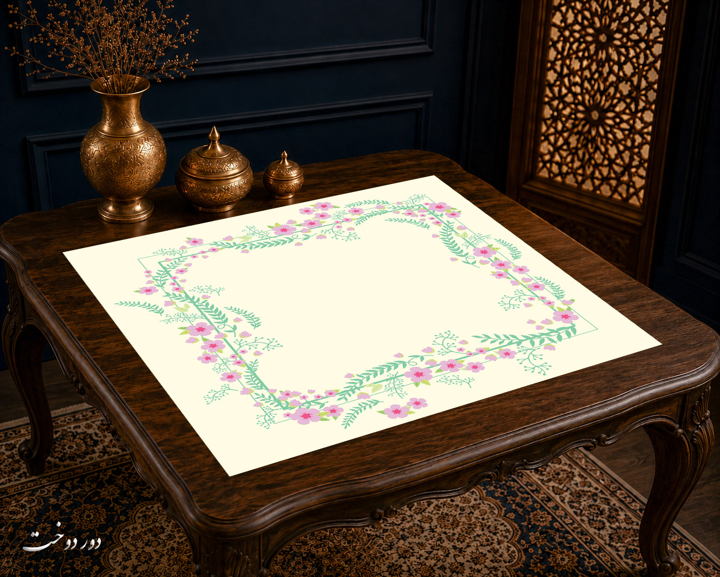 رومیزی مخمل لمینت دار ایران خاتون طرح سنتی کد ۱۲