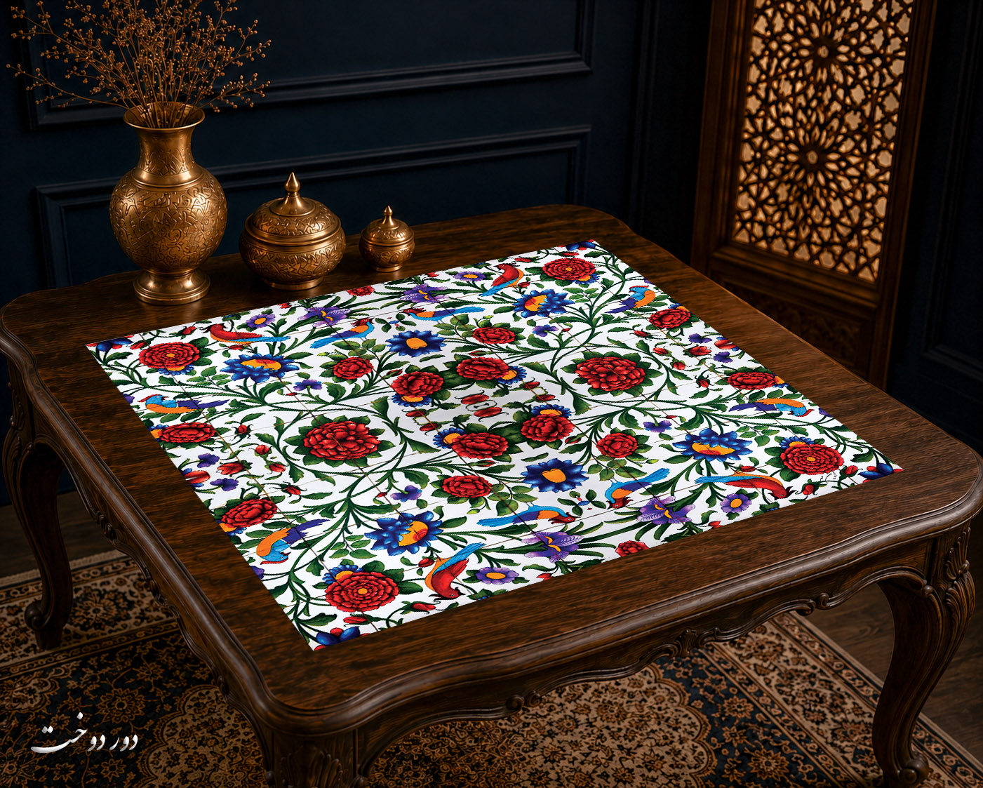 رومیزی مخمل لمینت دار ایران خاتون طرح سنتی کد ۱۶