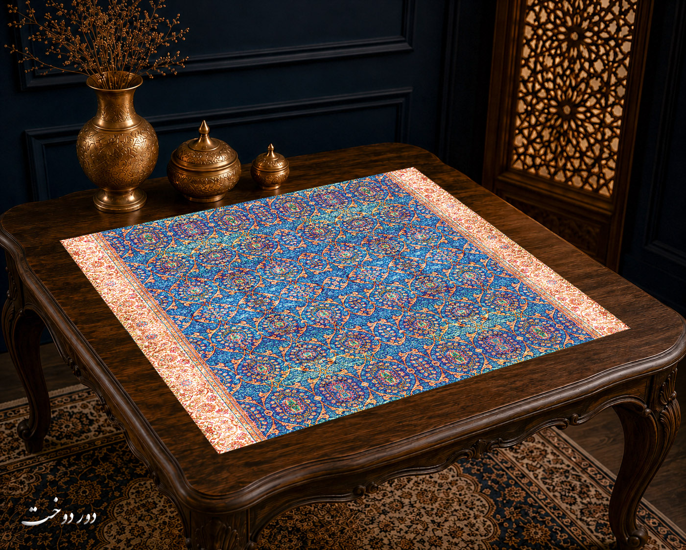 رومیزی مخمل لمینت دار ایران خاتون طرح سنتی کد ۱۸