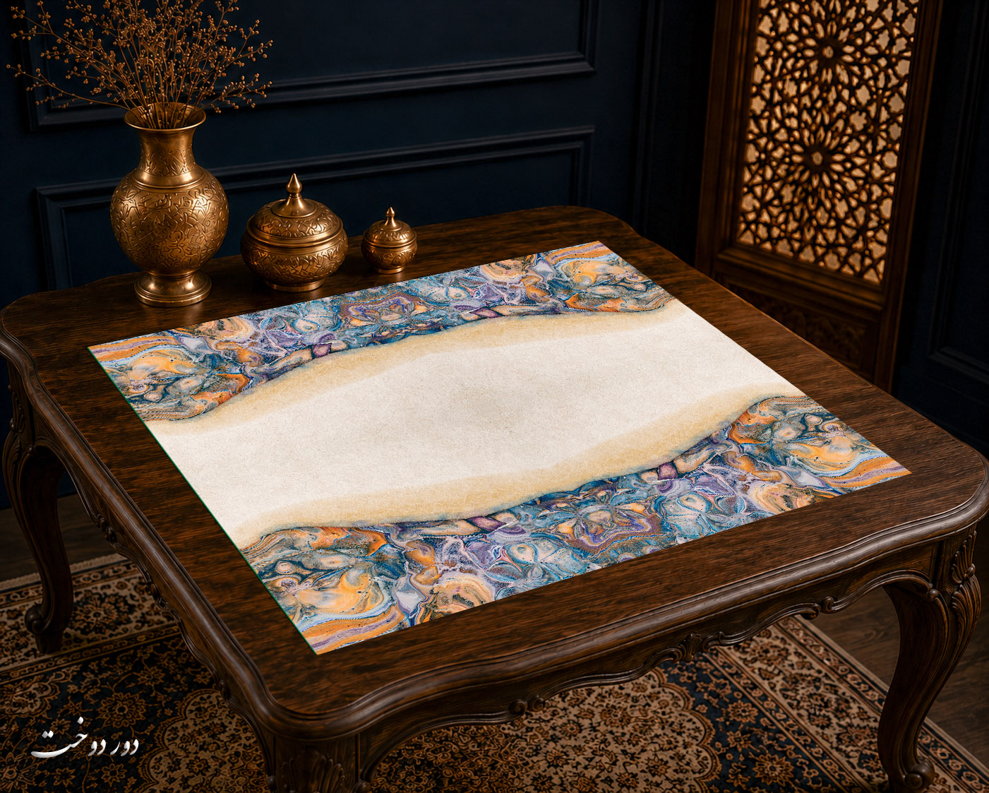 رومیزی مخمل لمینت دار ایران خاتون طرح سنتی کد ۲۱