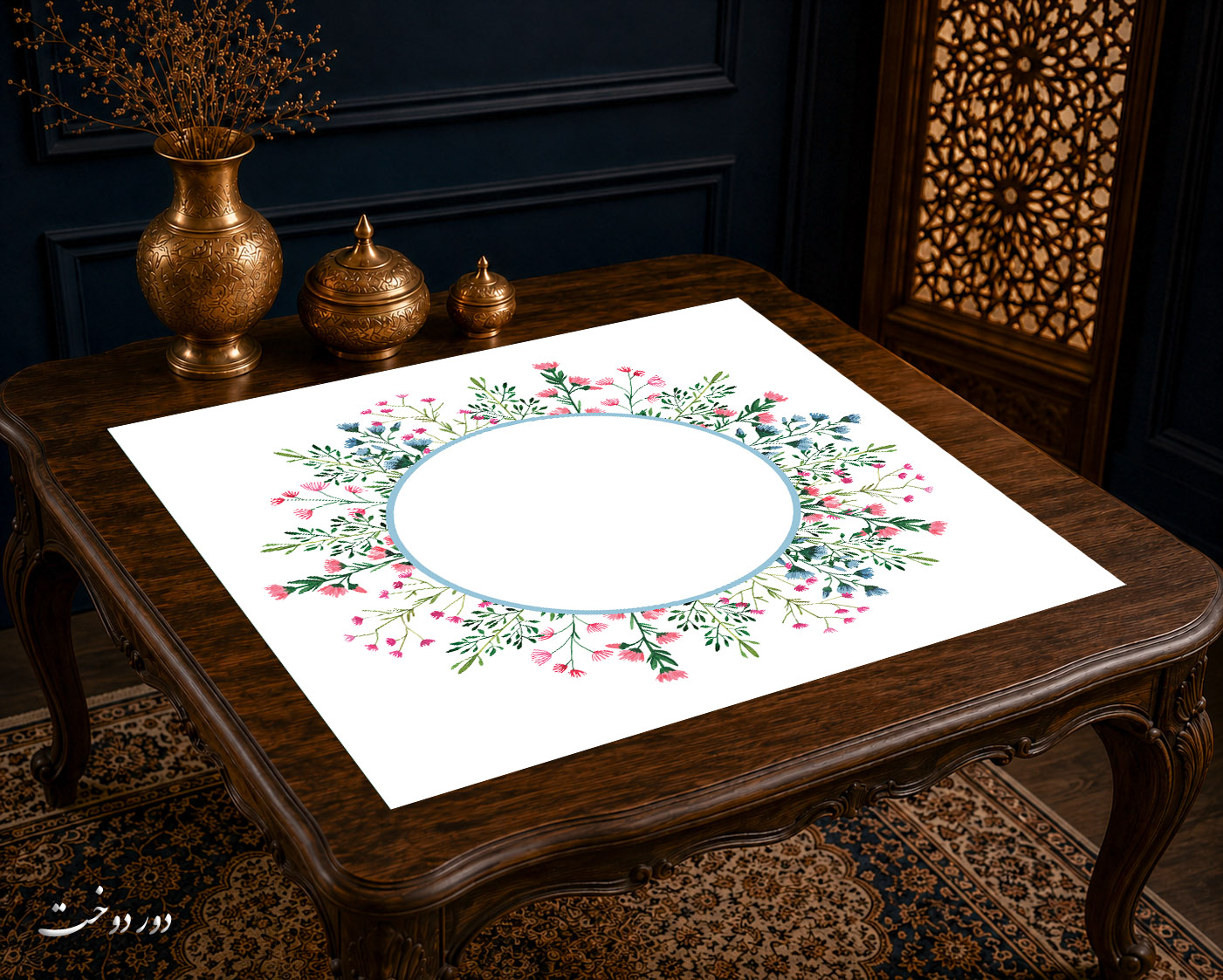 رومیزی مخمل لمینت دار ایران خاتون طرح سنتی کد ۲۵